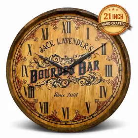 Personalized bourbon barrel clock showing Jack Lavender's Bourbon Bar design on a rustic quarter barrel style wall clock with Roman numerals.