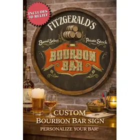 Close-up of Fitzgerald’s Bourbon Bar barrel end sign highlighting 3D relief barrels and handcrafted wood construction.