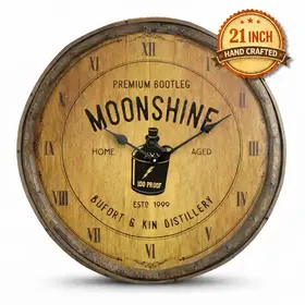 Personalized moonshine quarter barrel clock with rustic wood barrel head design and moonshine jug graphic custom distillery sign wall decor.