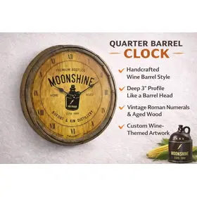 Personalized moonshine quarter barrel clock handcrafted barrel end wall clock featuring rustic wood design, vintage Roman numerals, and customizable distillery name year and artwork.