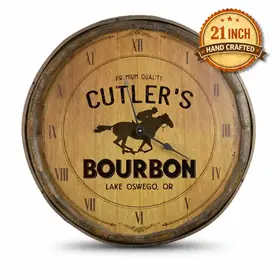 Personalized quarter barrel clock featuring custom name and city text on a bourbon barrel head style wall clock with horse racing graphic.