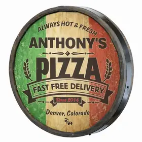 Personalized quarter barrel pizza sign 20 inch round with Italian flag background and custom name