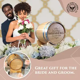 Personalized wedding barrel card holder displayed as a unique wedding gift for the bride and groom.