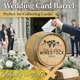 Personalized wedding card barrel on wooden stand collecting guest cards at rustic outdoor wedding reception table