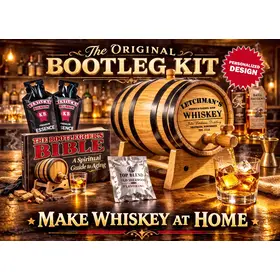Personalized Bootleg Whiskey Making Kit featuring custom engraved American white oak barrel with working spigot, whiskey pouring into glass, whiskey essence packets, and Bootlegger’s Bible guide on bar counter.