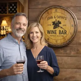 Couple enjoying wine in home wine bar with personalized barrel clock wall decor