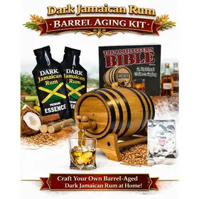 Premium Dark Jamaican Rum barrel aging kit with real American oak barrel, essence packets and glass of aged rum.