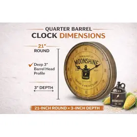 21 inch quarter barrel clock dimensions showing barrel head depth and rustic moonshine distillery wall clock design.