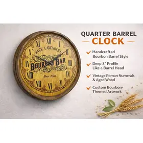 Quarter barrel clock product graphic highlighting handcrafted bourbon barrel style design, vintage Roman numerals, and rustic aged wood construction.