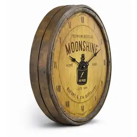 Side view of handcrafted quarter barrel clock showing deep 3-inch barrel head profile rustic moonshine distillery wall clock decor.