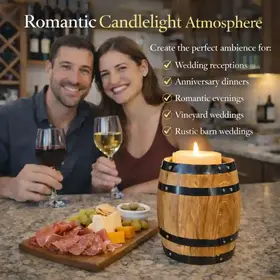 Romantic wooden barrel candle holder creating candlelight ambiance for anniversary dinner, romantic evening, or rustic wedding decor.