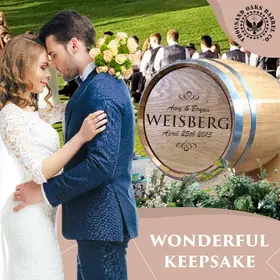 Rustic oak wedding barrel keepsake used as a personalized wedding card collection box.