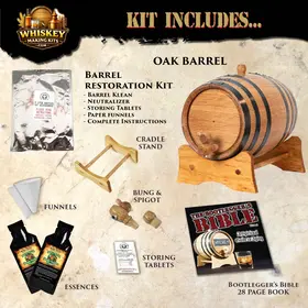 Small Batch Bourbon Whiskey making kit with oak aging barrel, accessories, premium essence and home barrel aging setup.