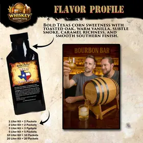 Texas Sweet Corn Whiskey flavor profile showing premium essence pouch and oak barrel aging kit with notes of toasted oak, vanilla, caramel, and smooth Southern finish