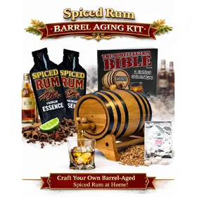 Spiced Rum barrel aging kit featuring oak aging barrel, premium essence packets, rum glass, spices, and complete home aging system.
