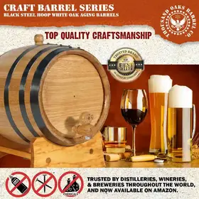 Top quality American white oak aging barrel with black steel hoops displayed alongside whiskey and wine glasses showcasing premium craftsmanship for home spirit aging.