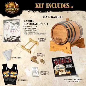 Ultra Peat Scotch Whisky Making Kit includes American white oak aging barrel accessories and Bootlegger’s Bible guide