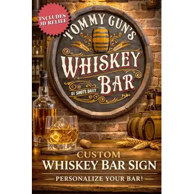 Angled view of 3D relief whiskey bar quarter barrel sign showing dimensional wood frame and raised barrel detail on wall with whiskey cocktail.