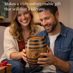 Man receiving a mini oak whiskey fund barrel piggy bank gift while sitting on a couch smiling