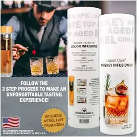 How to use whiskey infusion kit step by step process showing bartender pouring bourbon into glass infuser.