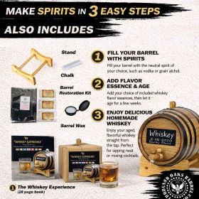 Whiskey making kit contents including charred oak barrel, stand, bung, spigot, barrel wax, chalk, and 28-page whiskey guide.