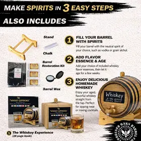 Whiskey making kit contents including charred oak barrel, stand, bung, spigot, barrel wax, chalk, and 28-page whiskey guide.