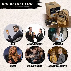 Whiskey making kit contents including charred oak barrel, stand, bung, spigot, barrel wax, chalk, and 28-page whiskey guide.