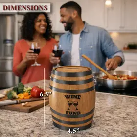 Wine Fund mini oak barrel piggy bank dimensions showing 6.5 inch height and 4.5 inch diameter on kitchen counter