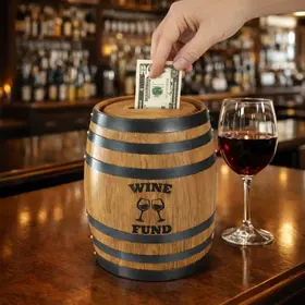 Mini oak barrel piggy bank engraved with Wine Fund logo on wine bar counter with red wine glass and dollar bill being inserted