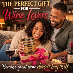 Wine lover gift mini oak barrel piggy bank being opened as a present with pink bow and wine glasses on table