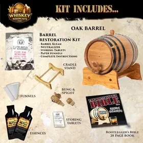 Winter Wheat Bourbon making kit contents including charred American white oak barrel, wheated bourbon essence, restoration kit, funnels and Bootlegger’s Bible guide.