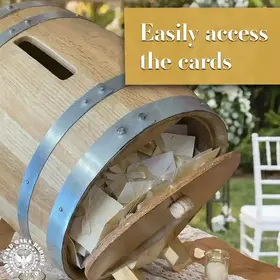 Wooden wedding barrel card box with easy access door showing cards inside rustic wedding décor display