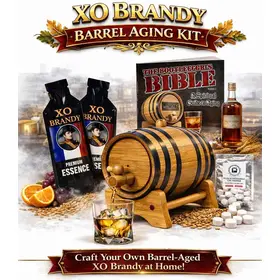 XO Brandy barrel aging kit featuring American oak aging barrel, premium XO brandy essence packets, brandy glass, and complete home aging system.