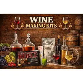 Wine making kits with glass carboys, wine bottles, premium concentrate packs, grapes, oak barrels, and home winemaking supplies displayed on a rustic wooden background.