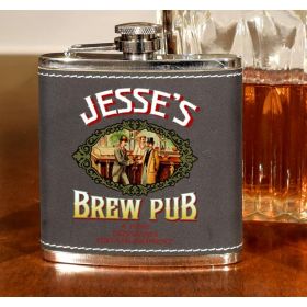 'Brew Pub' Personalized Leather Flask (B473)