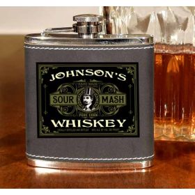 'Sour Mash Whiskey' Personalized Leather Flask B811