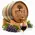 Personalized mini oak wine aging barrel with classic vineyard engraving pouring red wine into glass surrounded by fresh grapes.