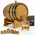 American white oak whiskey aging barrel with spigot pouring bourbon into a clear glass, includes wooden stand and black steel hoops for home bar use.