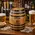 Mini oak barrel beer fund piggy bank on bar counter surrounded by coins and cash saving money for beer