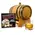 Oak whiskey aging barrel with brass spigot pouring bourbon next to Bootlegger’s Bible home aging kit