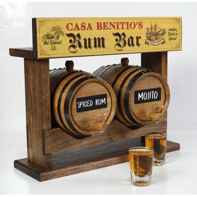 Personalized Rum Bar Double Barrel Racking System with Two American White Oak Barrels with Chalkboard Front