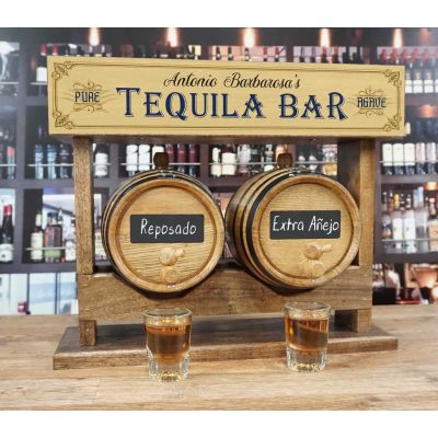 Personalized Tequila Bar Double Barrel Racking System with Two American White Oak Barrels with Chalkboard Front