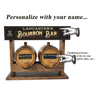 Personalized Bourbon Bar Double Barrel Racking System with Two American White Oak Barrels with Chalkboard Front