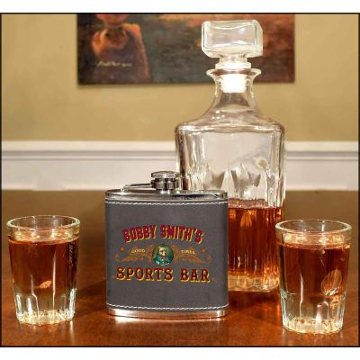 'Sports Bar' Personalized Leather Flask (B475)