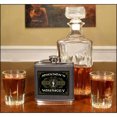 'Sour Mash Whiskey' Personalized Leather Flask B811
