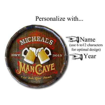 Handmade barrel head man cave sign mounted on brick wall featuring raised 3D beer mugs personalization map