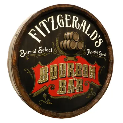 Angled view of Fitzgerald’s Bourbon Bar quarter barrel sign showing solid wood rim and dimensional barrel relief.