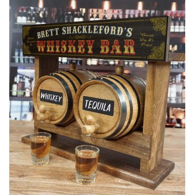 Personalized Whiskey Bar Double Barrel Racking System, oak barrel set