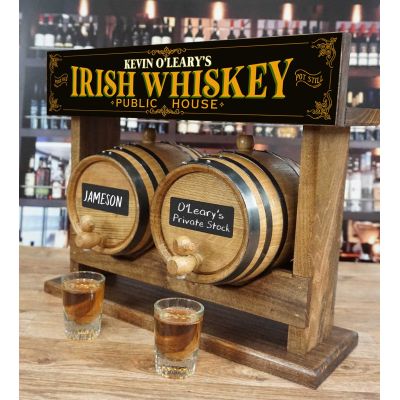 Personalized Irish Whiskey Pub Double Barrel Racking System with Two American White Oak Barrels with Chalkboard Front