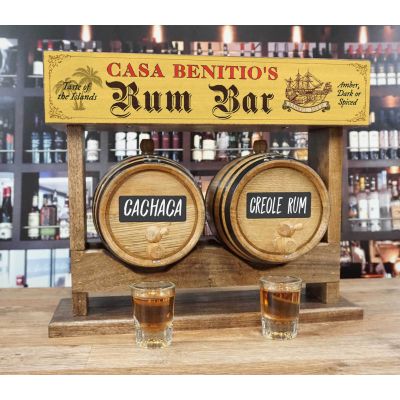 Personalized Rum Bar Double Barrel Racking System with Two American White Oak Barrels with Chalkboard Front